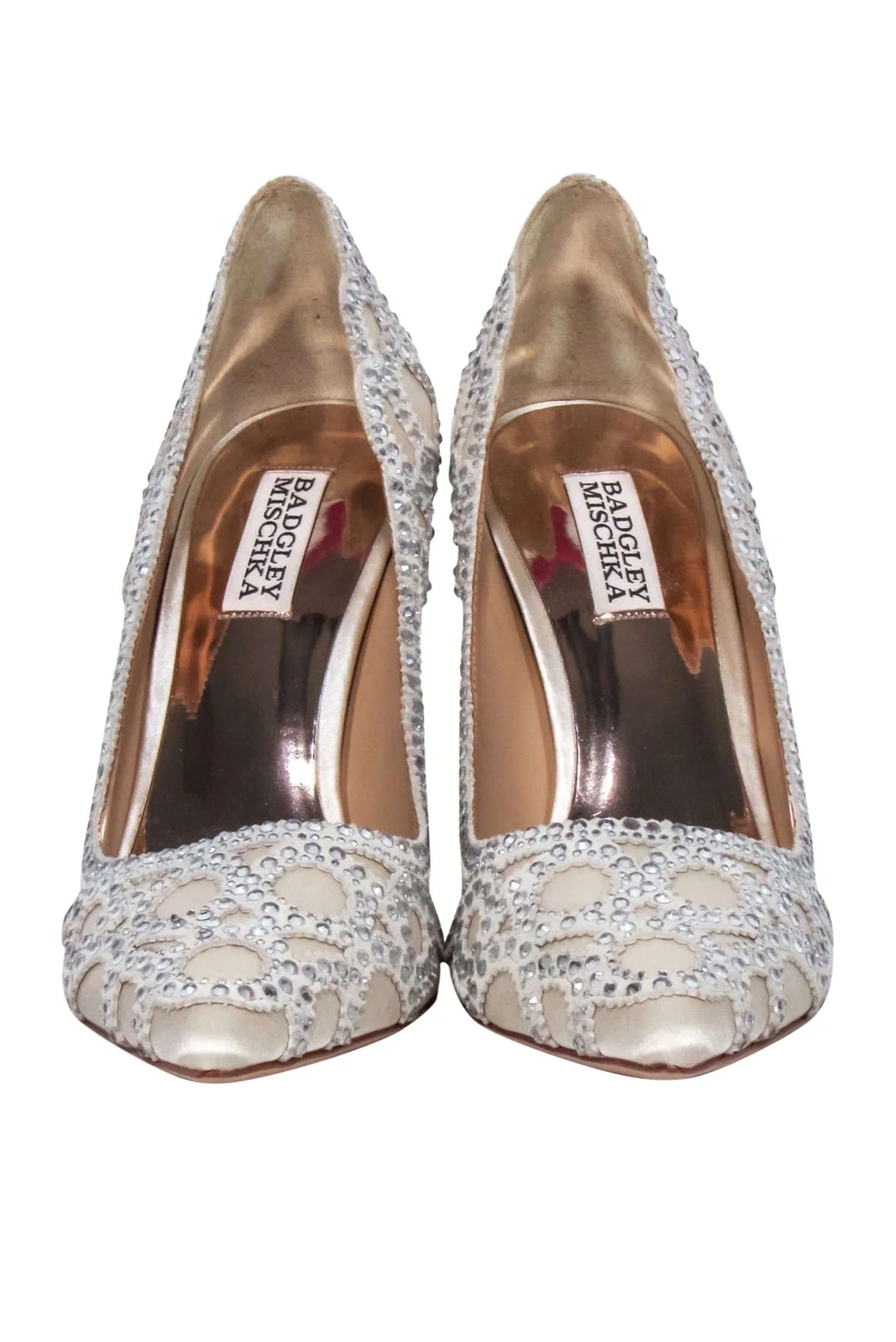 Badgley Mischka - Ivory Satin Pointed Toe Jewel Trim Pumps Sz 8.5