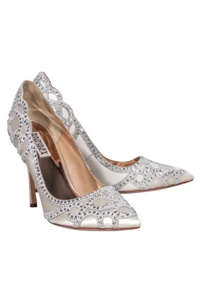 Badgley Mischka - Ivory Satin Pointed Toe Jewel Trim Pumps Sz 8.5