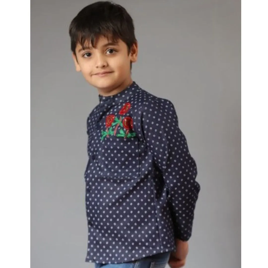 Basic Blue Laycra Denim Popsicles Embroydri Full Sleeves Party Shirt For Boys