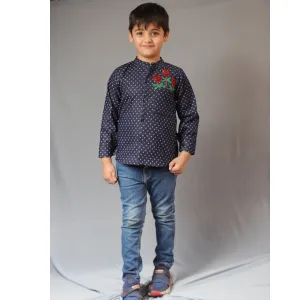 Basic Blue Laycra Denim Popsicles Embroydri Full Sleeves Party Shirt For Boys