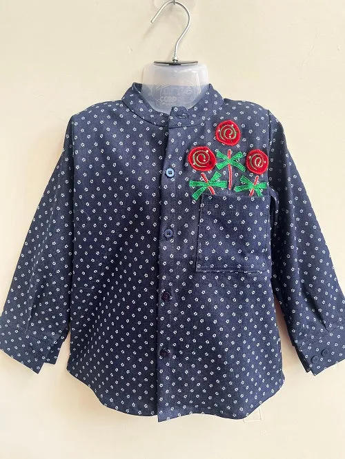 Basic Blue Laycra Denim Popsicles Embroydri Full Sleeves Party Shirt For Boys