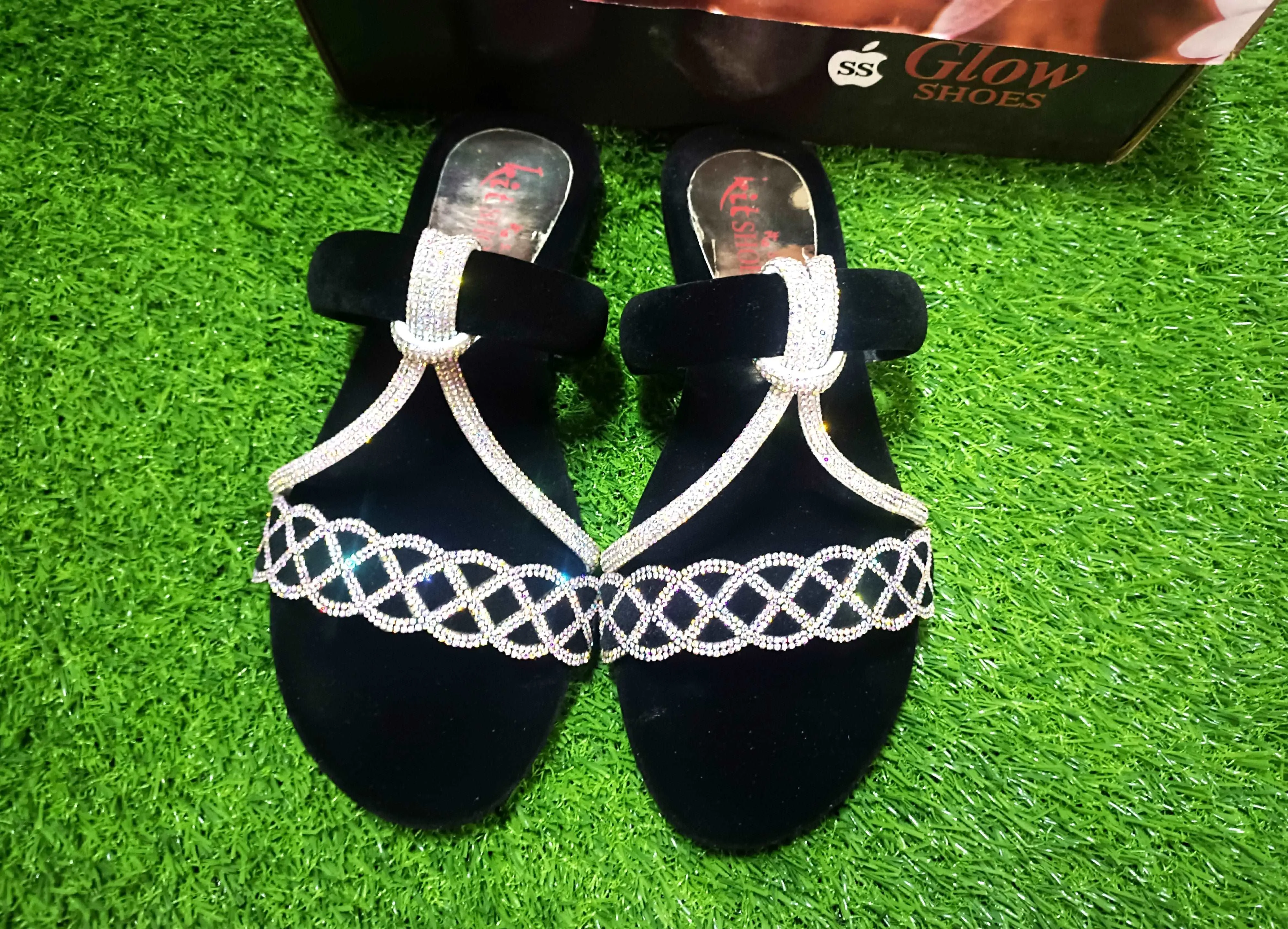 Elegant Black Fancy Slippers with Rhinestone Detailing - SS Glow Shoes