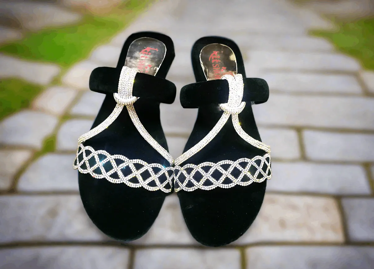 Elegant Black Fancy Slippers with Rhinestone Detailing - SS Glow Shoes