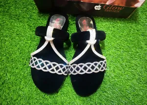 Elegant Black Fancy Slippers with Rhinestone Detailing - SS Glow Shoes