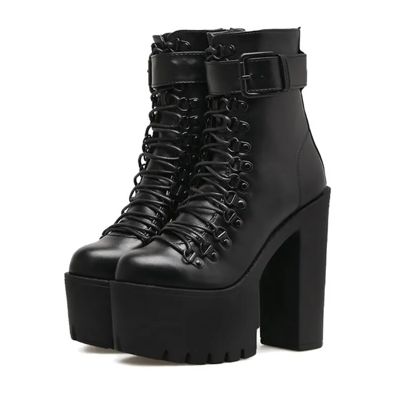 Fashion Motorcycle Boots Women Leather Spring Autumn Metal Buckle High Heels Shoes Zipper Black Ankle Boots Woman Lacing