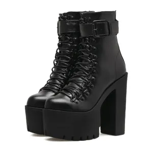 Fashion Motorcycle Boots Women Leather Spring Autumn Metal Buckle High Heels Shoes Zipper Black Ankle Boots Woman Lacing