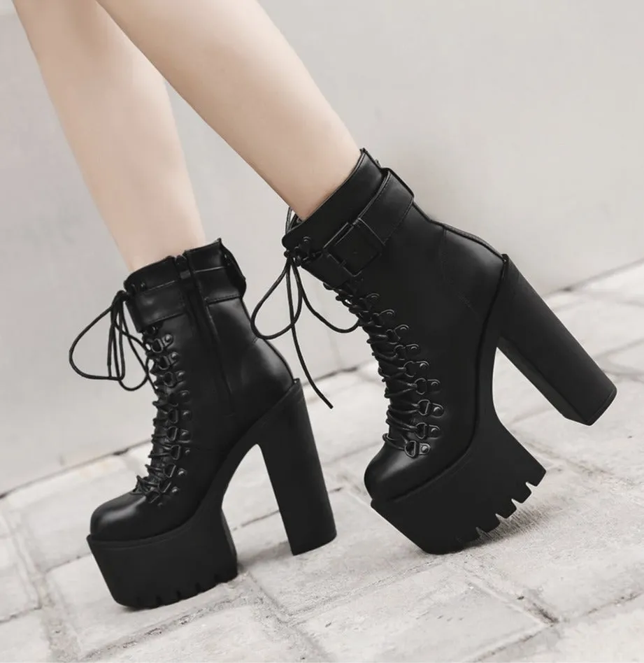 Fashion Motorcycle Boots Women Leather Spring Autumn Metal Buckle High Heels Shoes Zipper Black Ankle Boots Woman Lacing