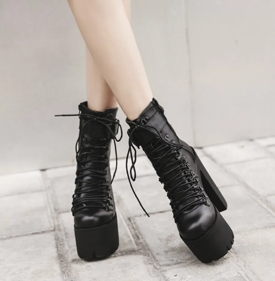 Fashion Motorcycle Boots Women Leather Spring Autumn Metal Buckle High Heels Shoes Zipper Black Ankle Boots Woman Lacing