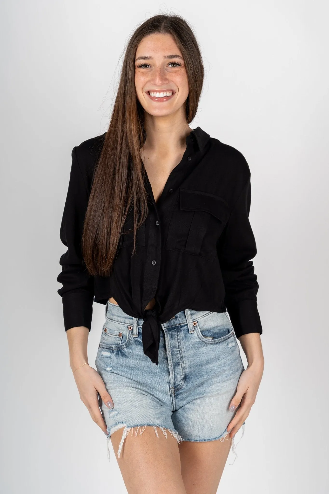 Front tie button up shirt black