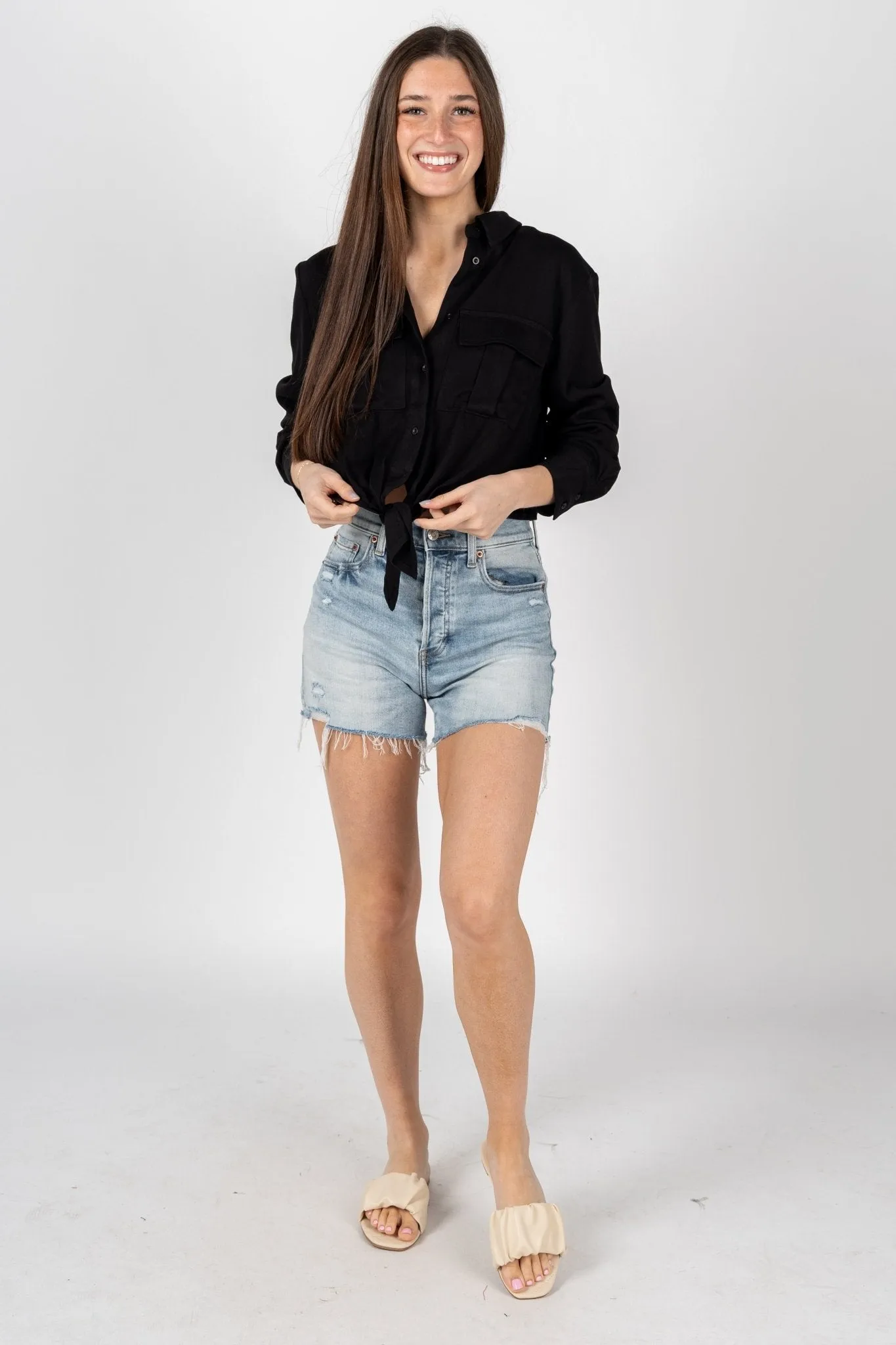 Front tie button up shirt black