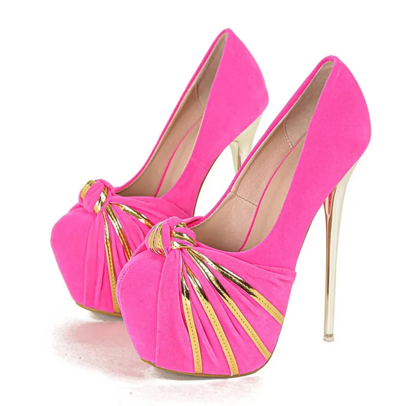 Liyke Fashion Design Metal Pleated Round Toe Slingback High Heels Wedding Banquet Shoes Women Platform Pumps Stilettos Mujer