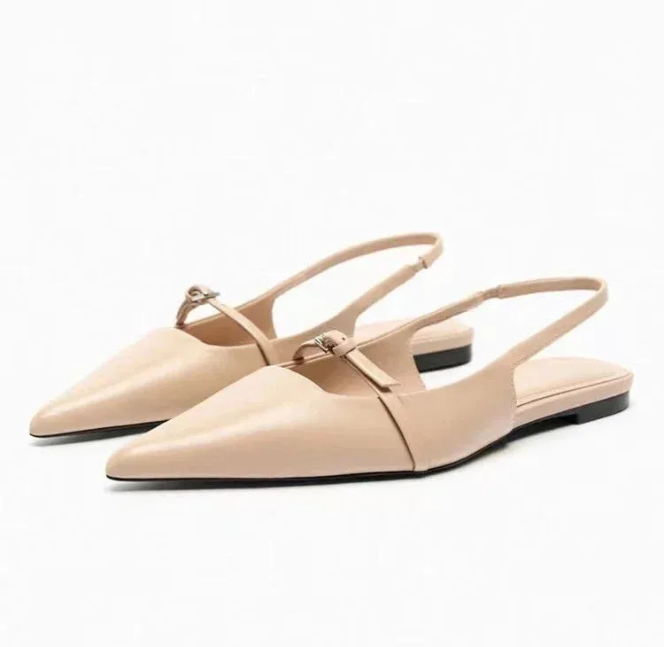 New Bling Women Sandal Fashion Pointed Toe Shallow Slip on Ladies Elegant Slingback Shoes Med Heel Flat Shoes
