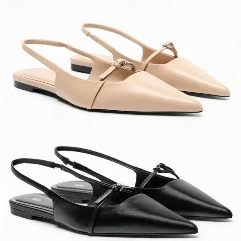 New Bling Women Sandal Fashion Pointed Toe Shallow Slip on Ladies Elegant Slingback Shoes Med Heel Flat Shoes