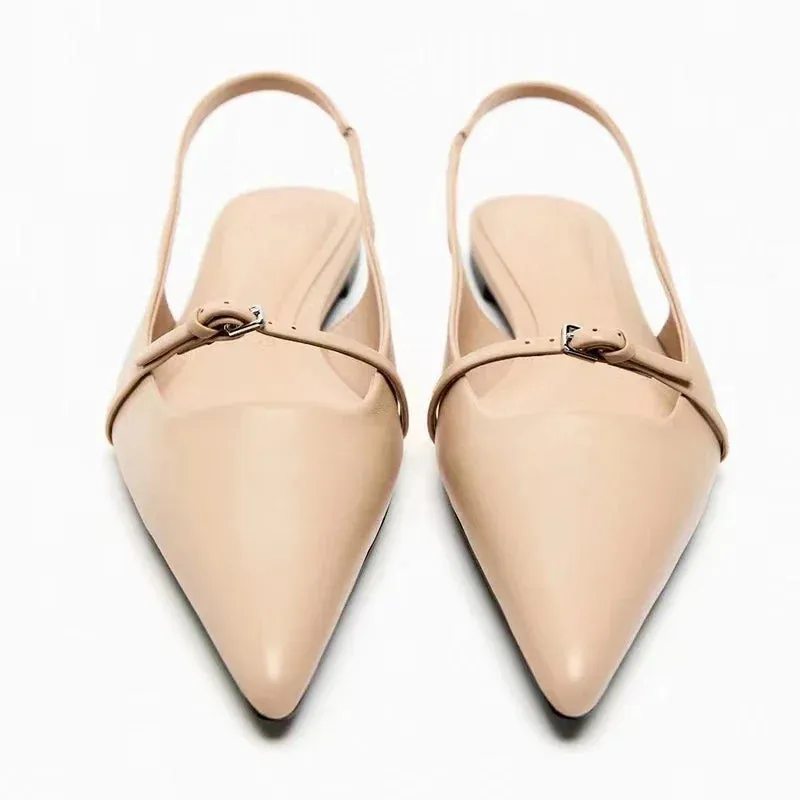 New Bling Women Sandal Fashion Pointed Toe Shallow Slip on Ladies Elegant Slingback Shoes Med Heel Flat Shoes
