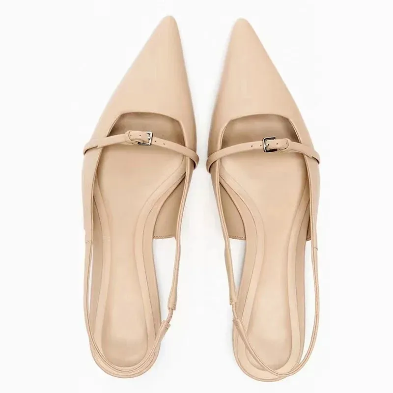 New Bling Women Sandal Fashion Pointed Toe Shallow Slip on Ladies Elegant Slingback Shoes Med Heel Flat Shoes