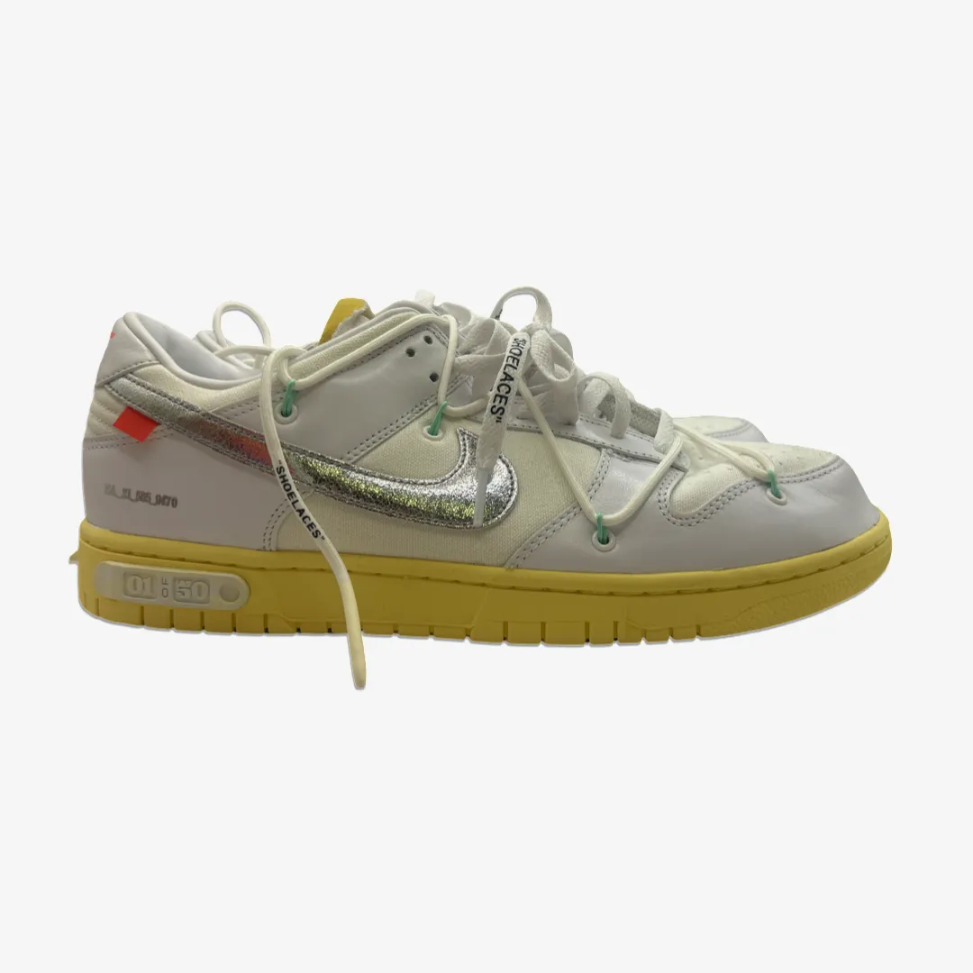 Nike x Off-White Dunk 'Lot 01' men's white leather sneakers with metallic tick