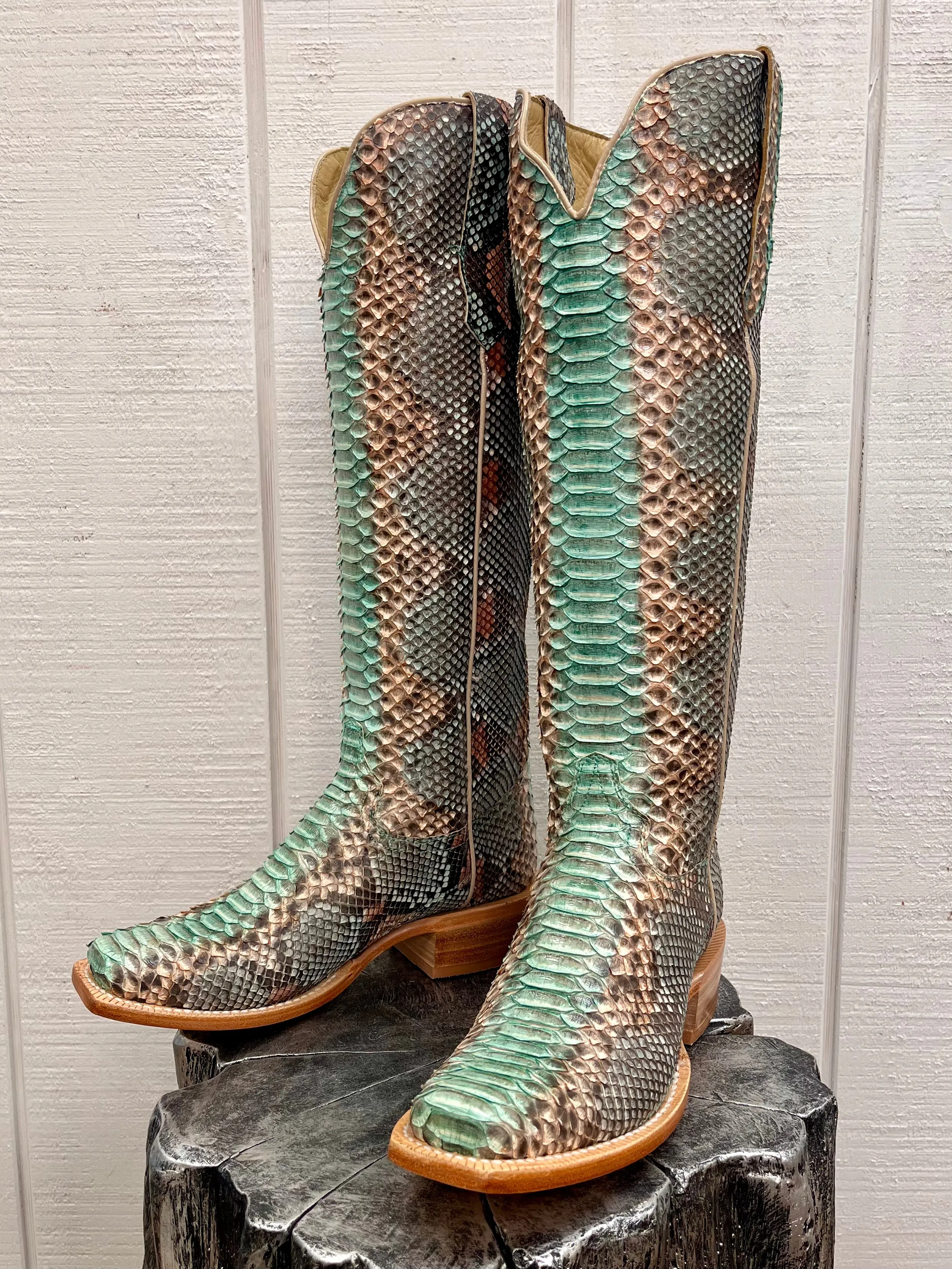 R. Watson Women's 17" Teal & Copper Python Narrow Square Toe Western Cowgirl Boots RWL7214-1