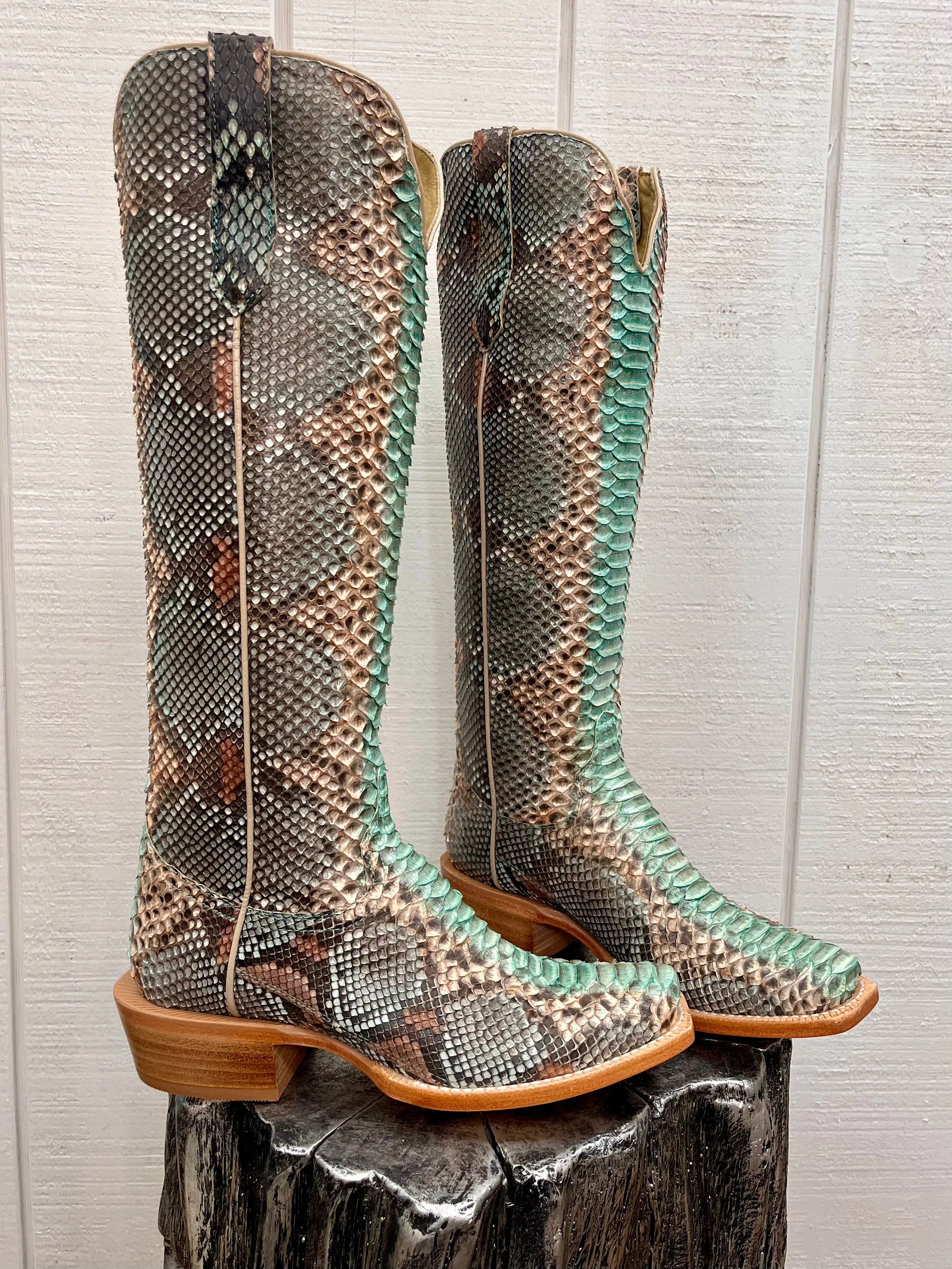 R. Watson Women's 17" Teal & Copper Python Narrow Square Toe Western Cowgirl Boots RWL7214-1