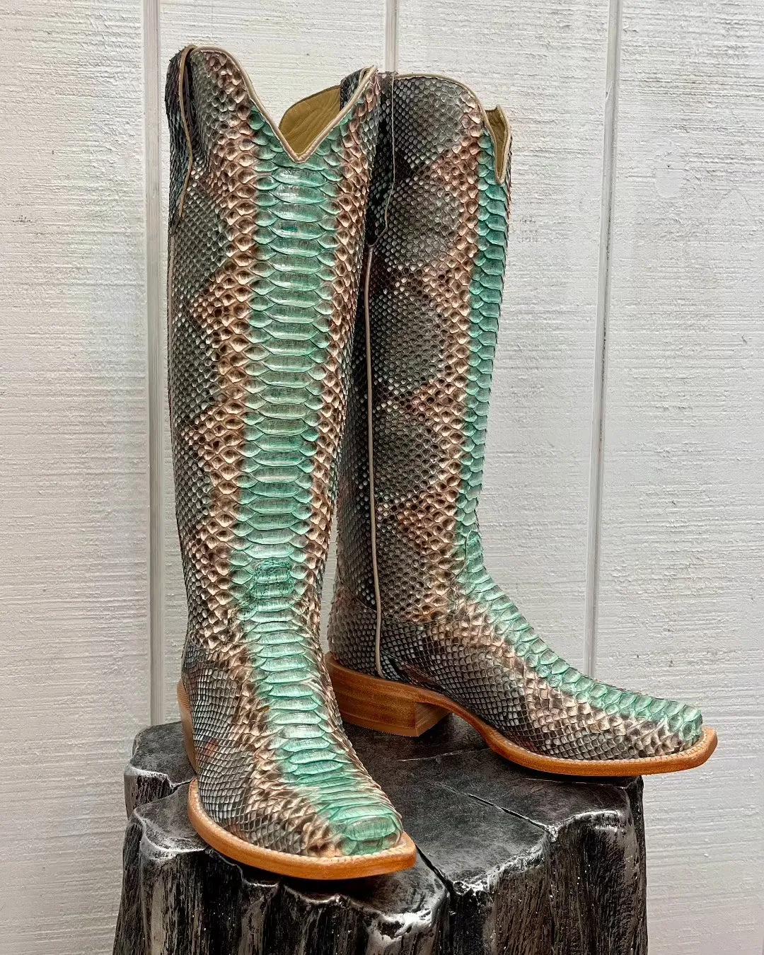R. Watson Women's 17" Teal & Copper Python Narrow Square Toe Western Cowgirl Boots RWL7214-1