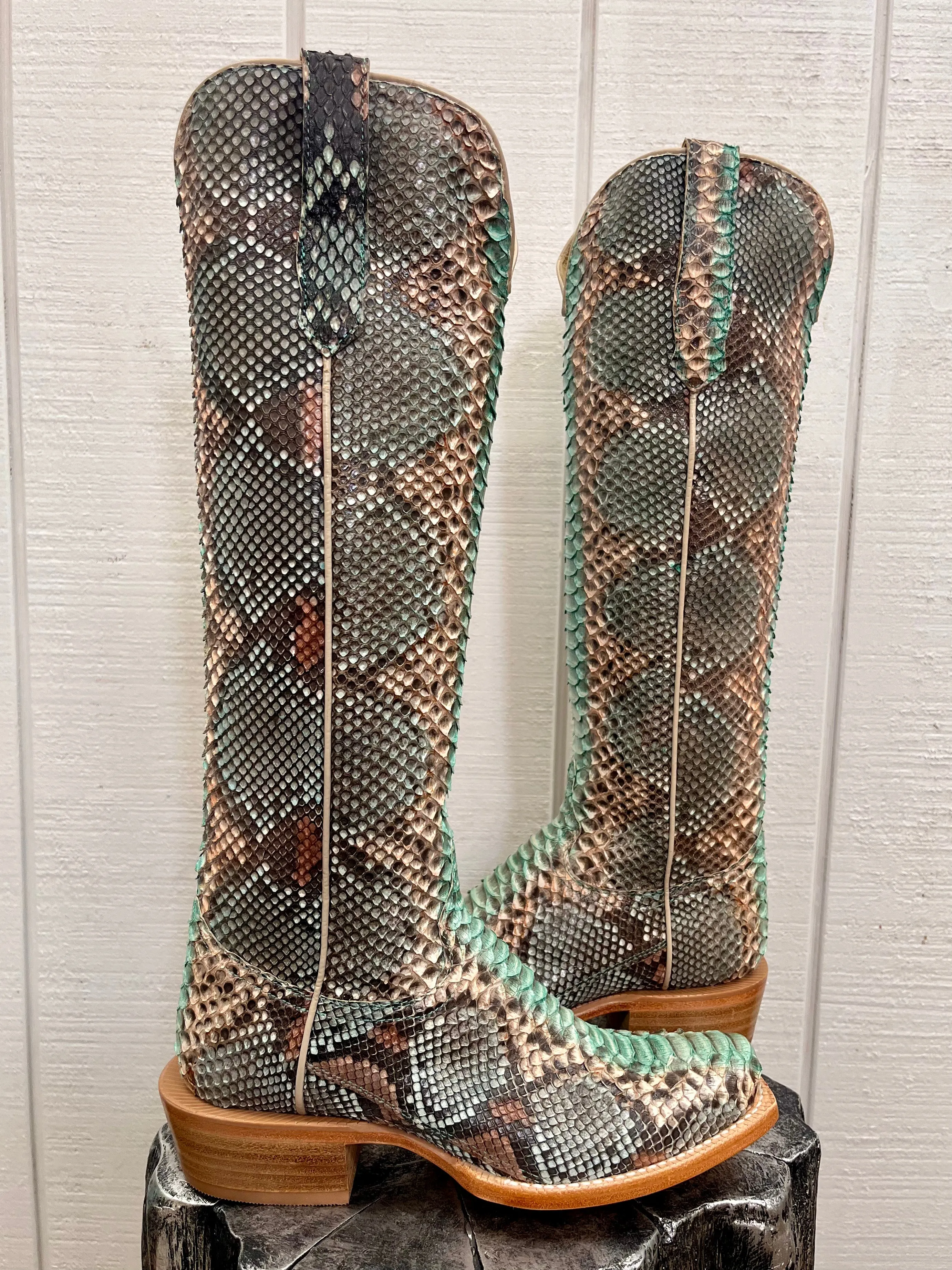 R. Watson Women's 17" Teal & Copper Python Narrow Square Toe Western Cowgirl Boots RWL7214-1