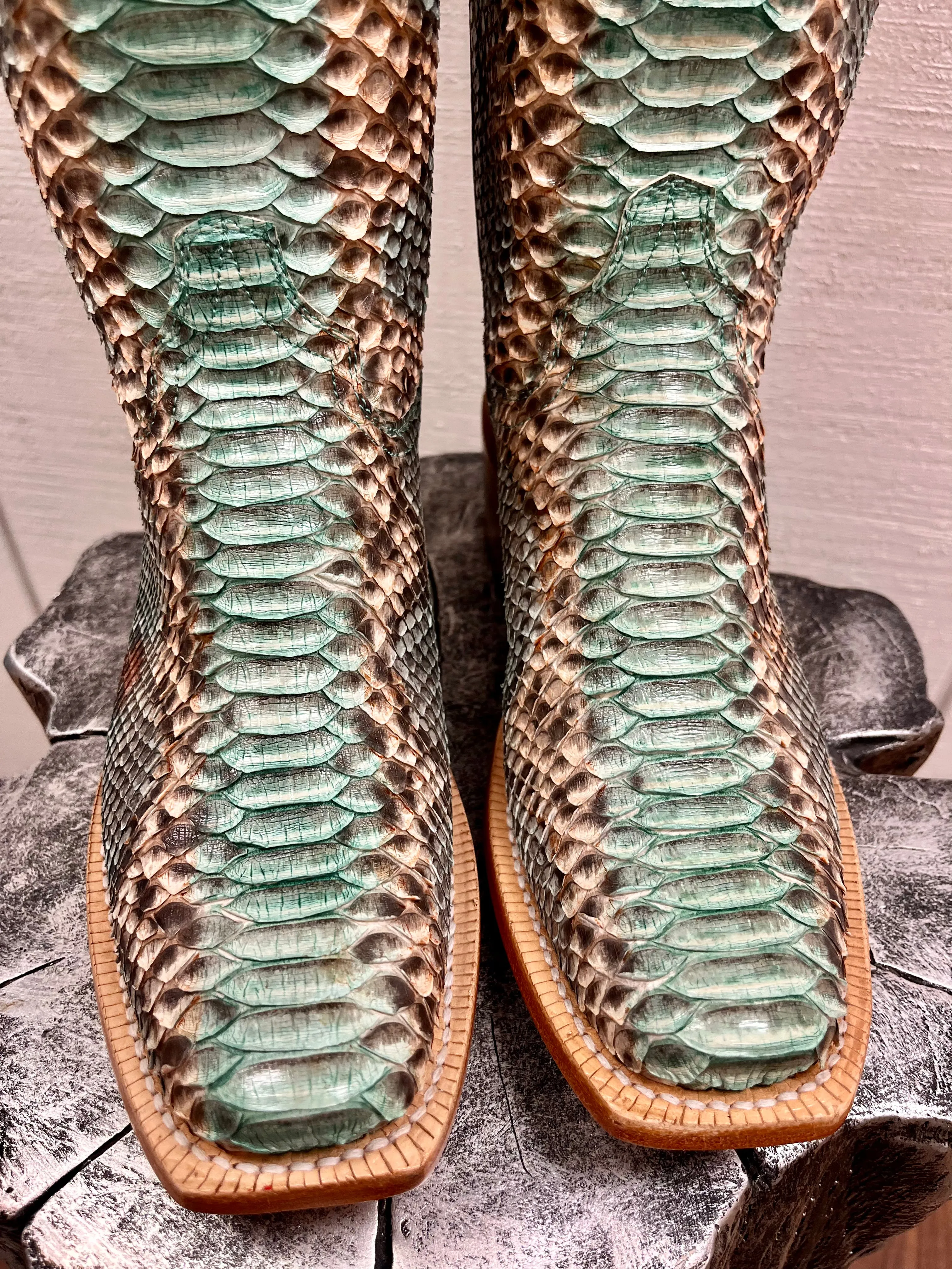 R. Watson Women's 17" Teal & Copper Python Narrow Square Toe Western Cowgirl Boots RWL7214-1
