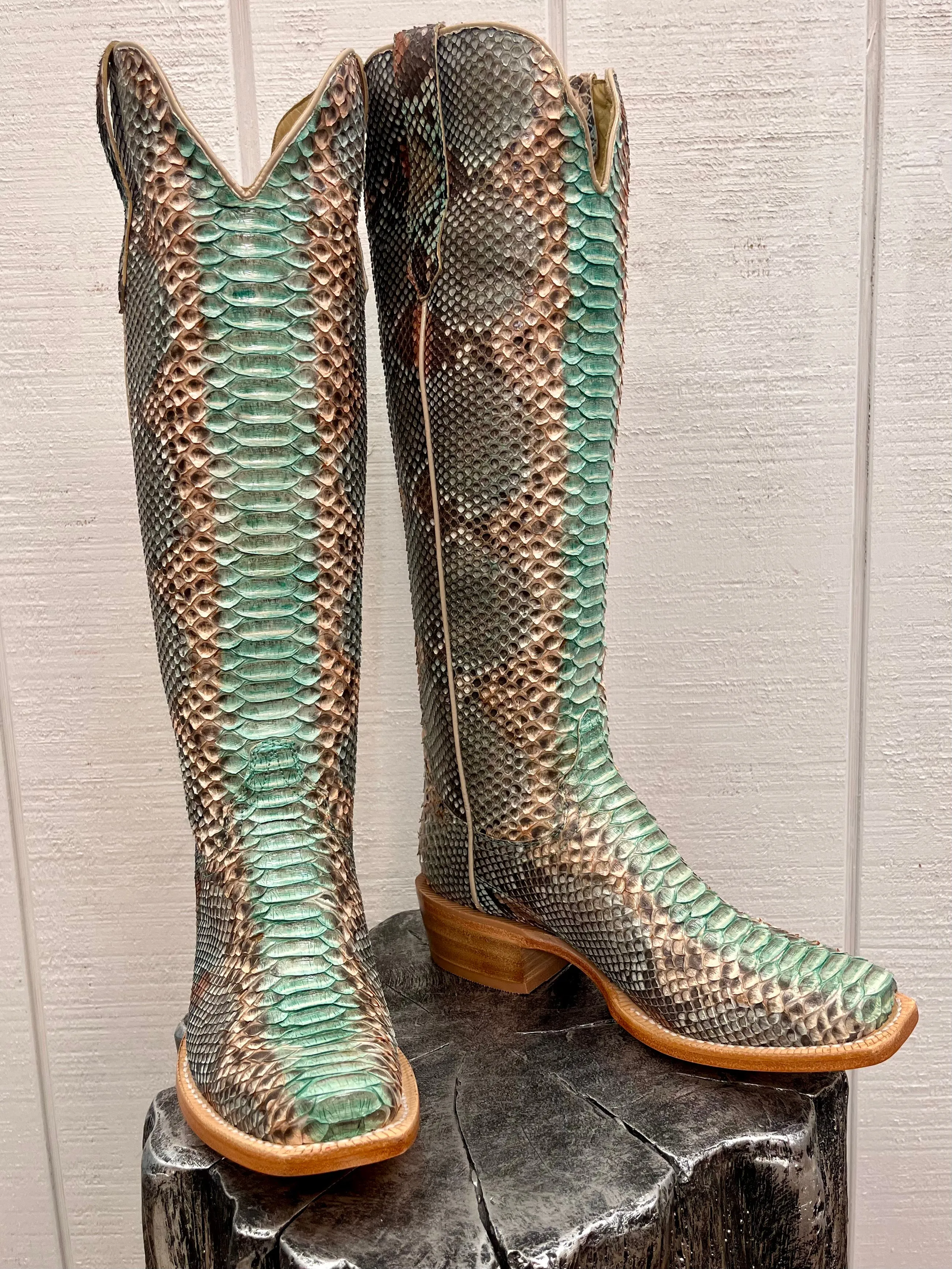 R. Watson Women's 17" Teal & Copper Python Narrow Square Toe Western Cowgirl Boots RWL7214-1