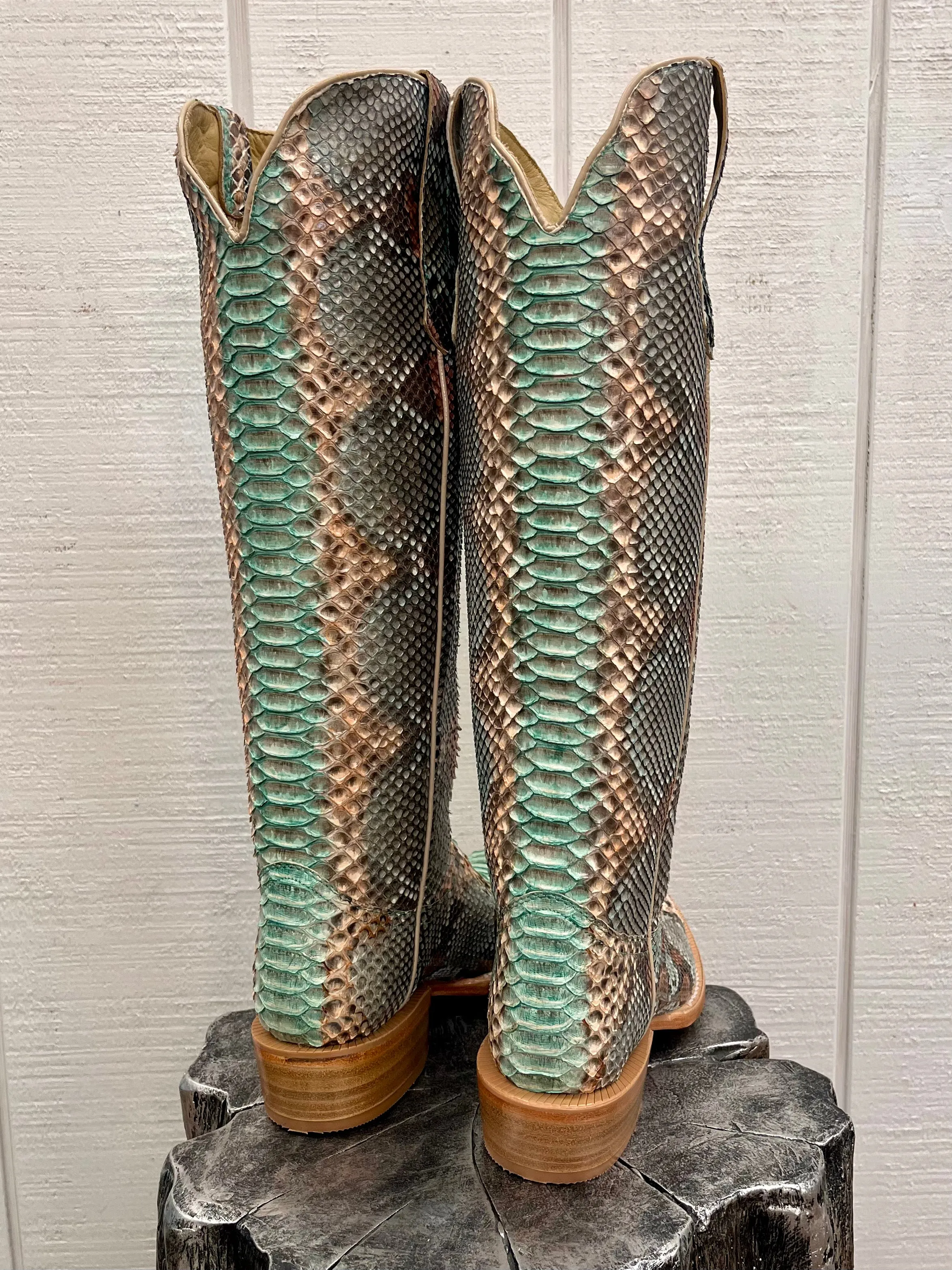 R. Watson Women's 17" Teal & Copper Python Narrow Square Toe Western Cowgirl Boots RWL7214-1