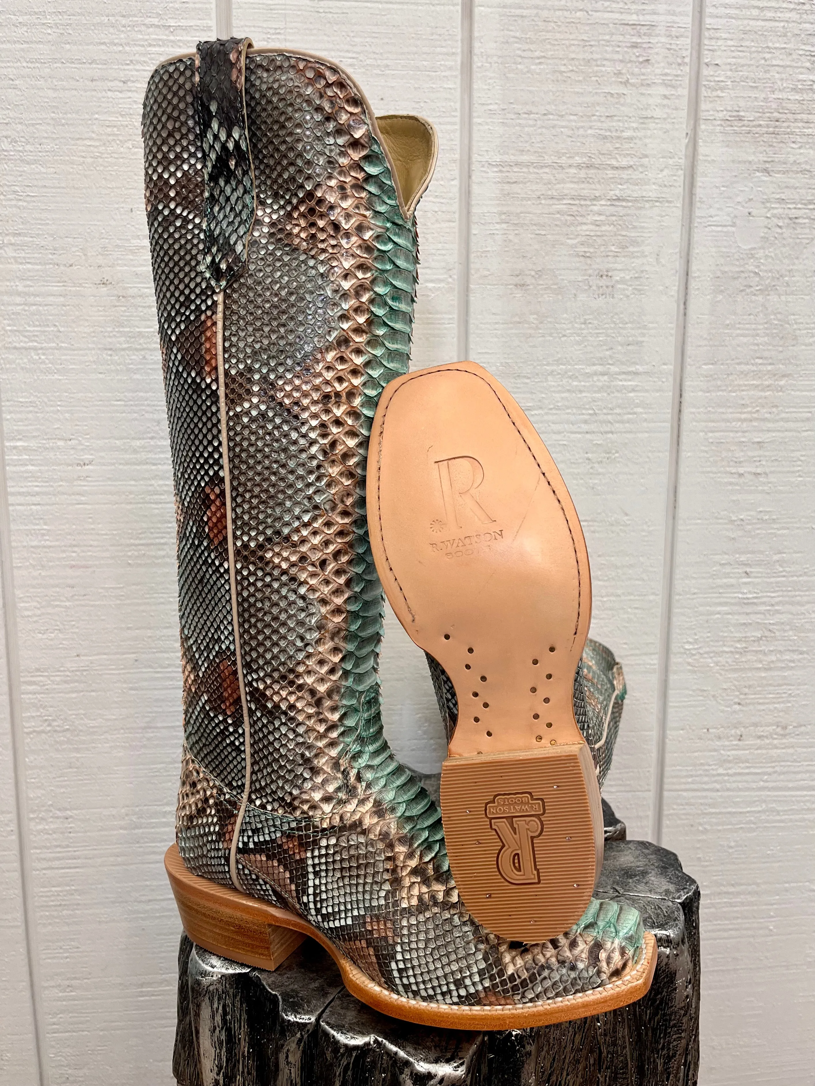 R. Watson Women's 17" Teal & Copper Python Narrow Square Toe Western Cowgirl Boots RWL7214-1