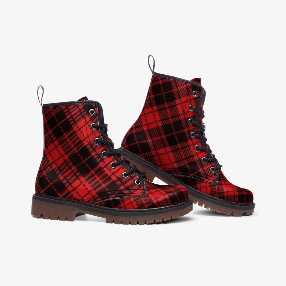Red Tartan Plaid Vegan Leather Boots