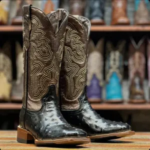 Tanner Mark Women's Ostrich Print Square Toe Boots Black TML207122