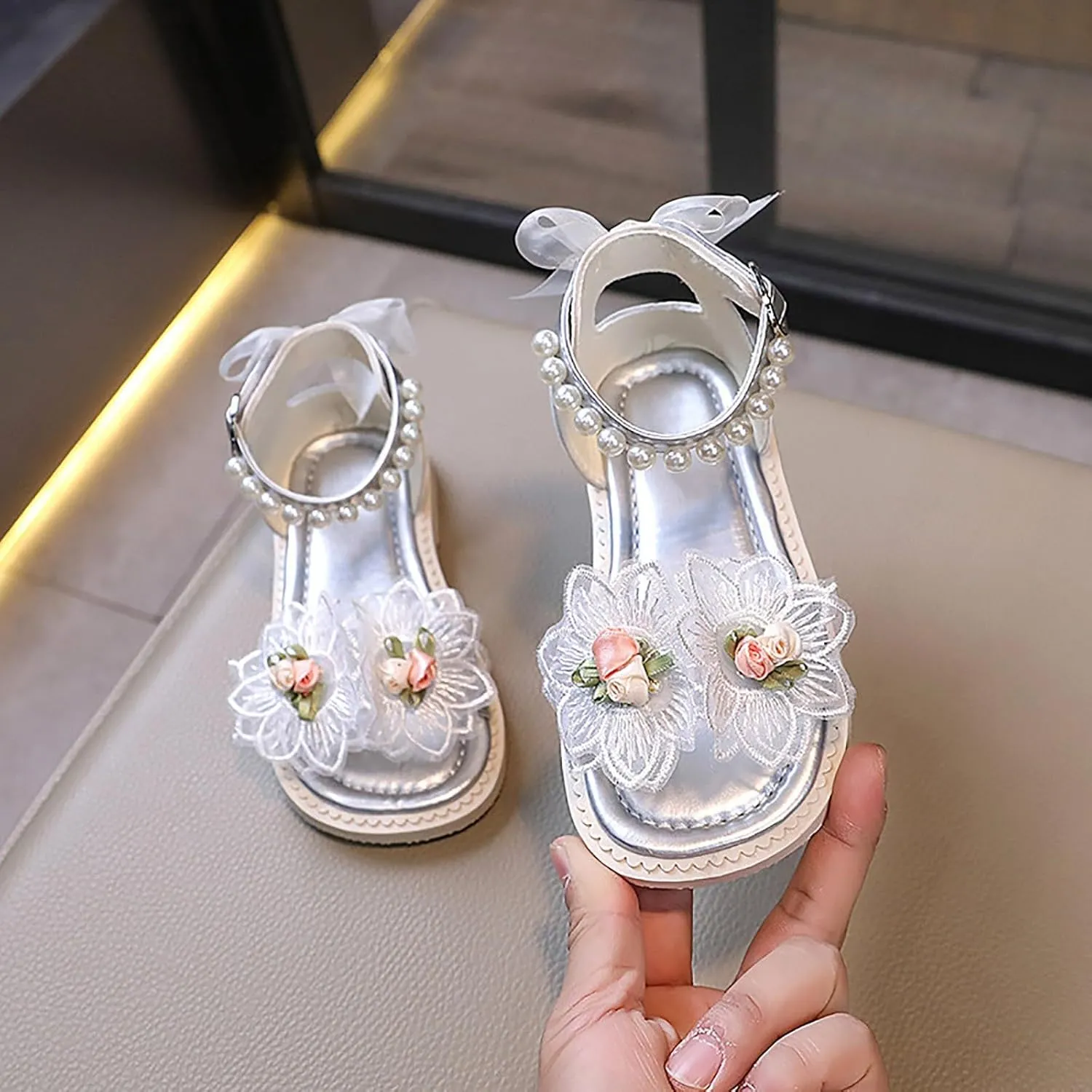 Toddler Girl Sandals, Princess Rubber Flat Wide Shoes, Flower Girl Dress Shoes Open Toe Flats with Pearl and Bow