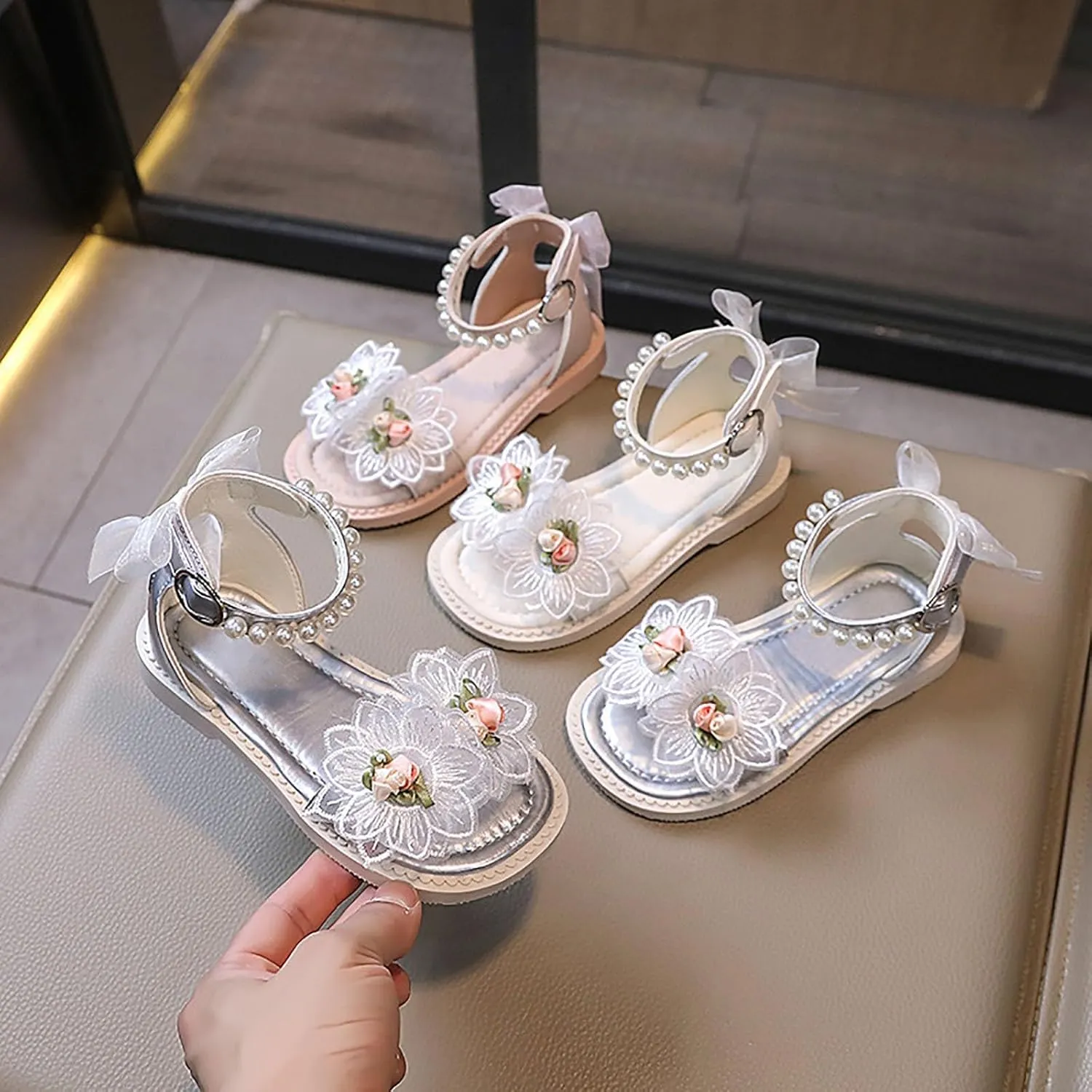 Toddler Girl Sandals, Princess Rubber Flat Wide Shoes, Flower Girl Dress Shoes Open Toe Flats with Pearl and Bow