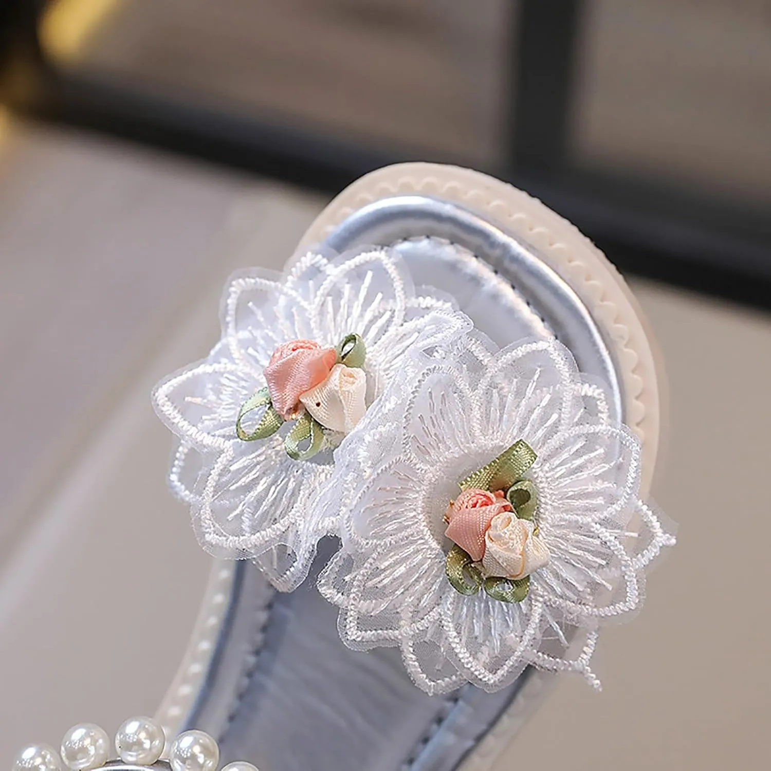 Toddler Girl Sandals, Princess Rubber Flat Wide Shoes, Flower Girl Dress Shoes Open Toe Flats with Pearl and Bow