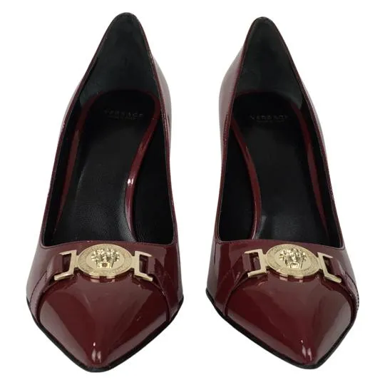 Versace Women's Gold Medusa Logo High Heel Shoes Patent Leather Red Sz 40.5