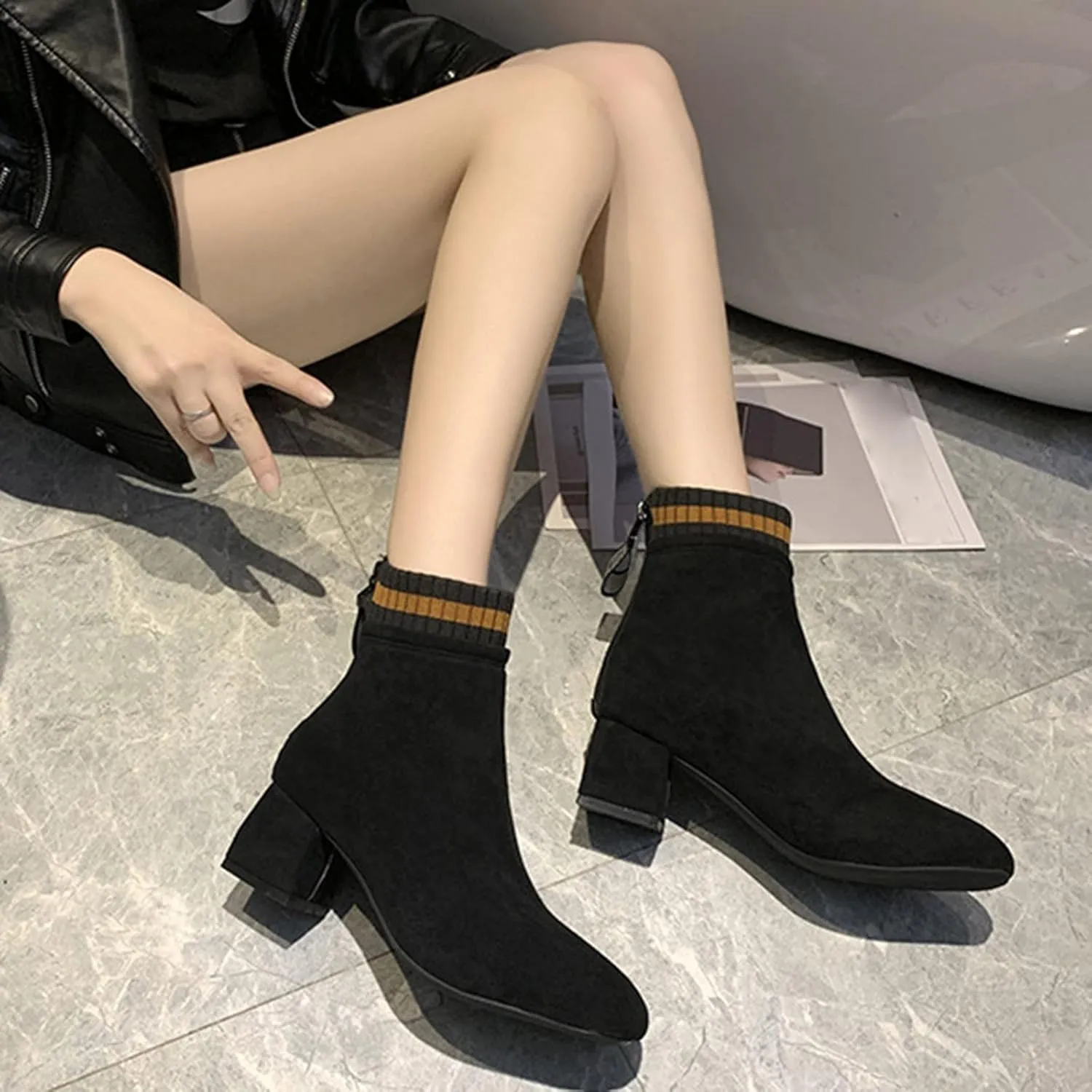 Womens Booties Ankle Round Toe Booties for Women Short Black Boots Ankle Bootie for Women Low Heel Keep Warm Flat Bottom Closed Pointed Toe Low Block Heel Zip Up