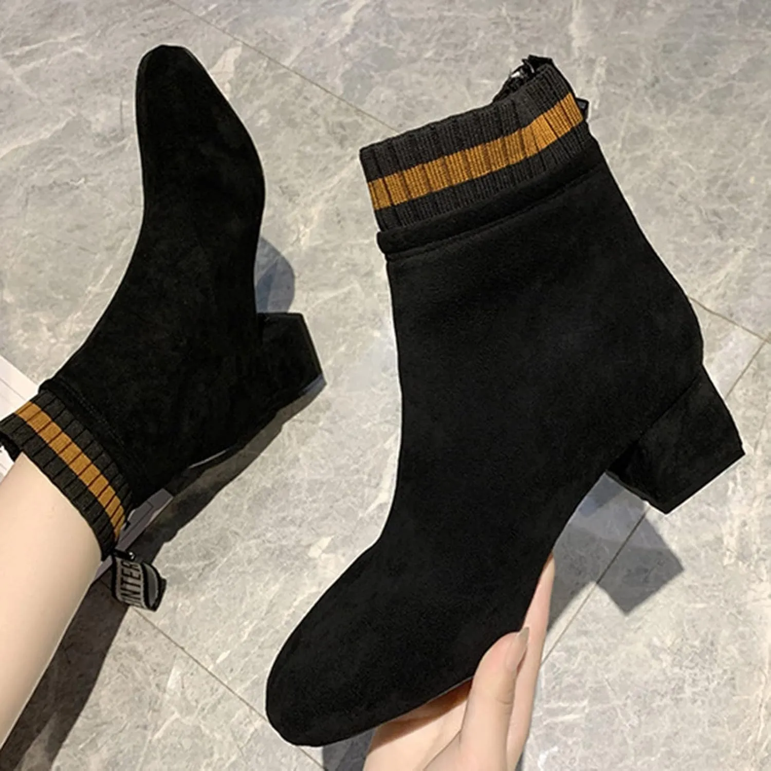 Womens Booties Ankle Round Toe Booties for Women Short Black Boots Ankle Bootie for Women Low Heel Keep Warm Flat Bottom Closed Pointed Toe Low Block Heel Zip Up