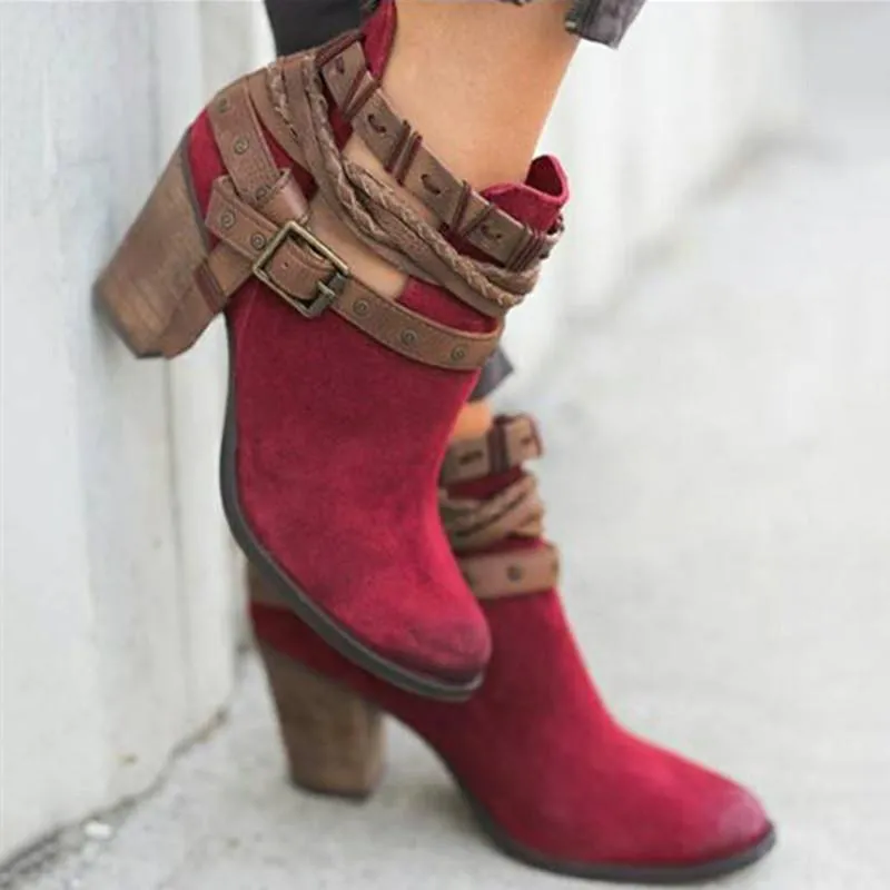 Women's bukcle straps ankle boots retro chunky high heels booties