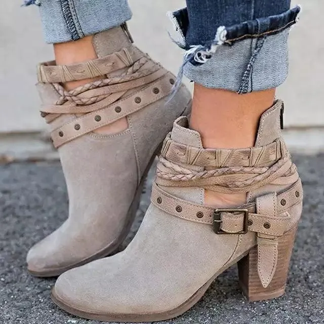 Women's bukcle straps ankle boots retro chunky high heels booties