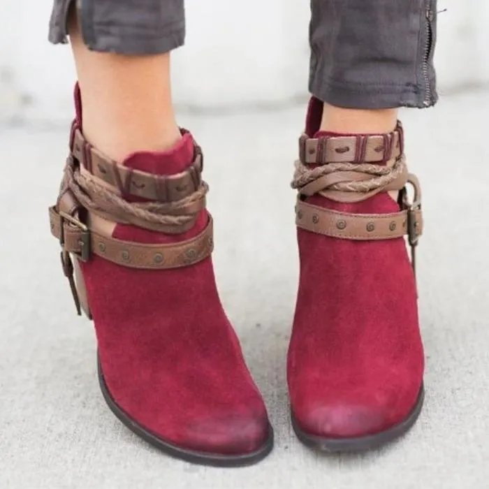 Women's bukcle straps ankle boots retro chunky high heels booties