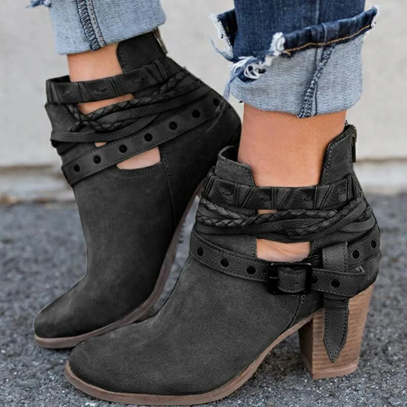 Women's bukcle straps ankle boots retro chunky high heels booties