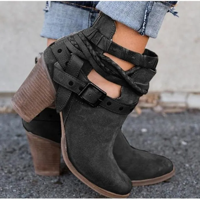 Women's bukcle straps ankle boots retro chunky high heels booties
