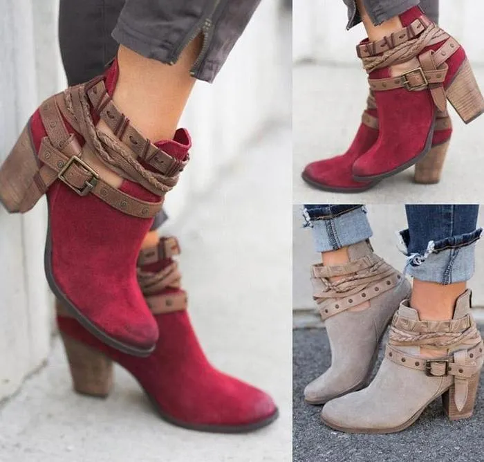 Women's bukcle straps ankle boots retro chunky high heels booties