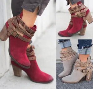 Women's bukcle straps ankle boots retro chunky high heels booties