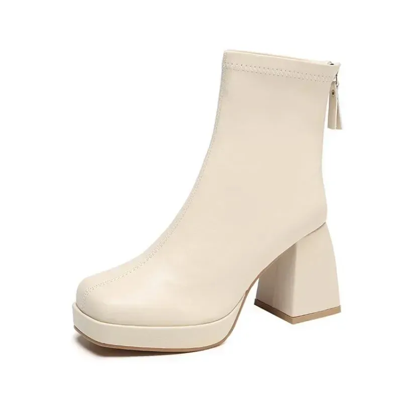 Xajzpa  High Heels Short Boots Women Fashion Shoes Autumn Winter Chunky Heels Waterproof Square Toe Plus Size Ankle Boots 2024