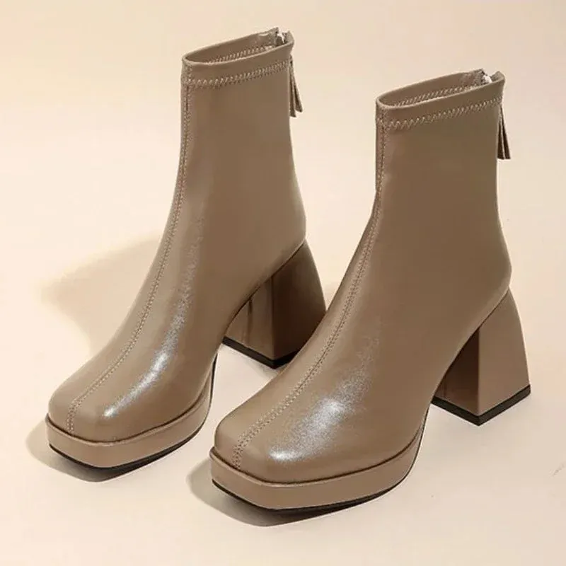 Xajzpa  High Heels Short Boots Women Fashion Shoes Autumn Winter Chunky Heels Waterproof Square Toe Plus Size Ankle Boots 2024