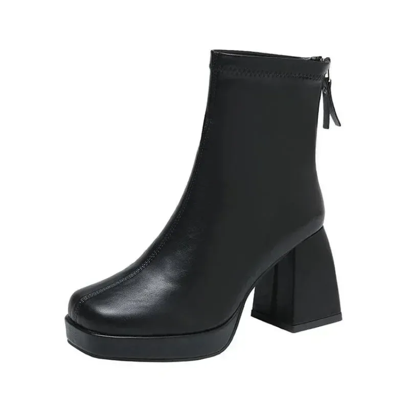 Xajzpa  High Heels Short Boots Women Fashion Shoes Autumn Winter Chunky Heels Waterproof Square Toe Plus Size Ankle Boots 2024