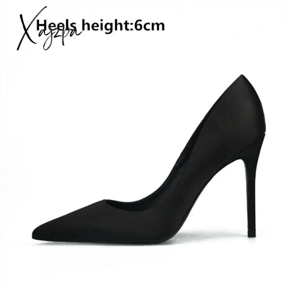 Xajzpa - Sexy High Heels Shoes Women's Autumn Silk Pointed Thin Heeled Satin Elegant Pumps Black Nude Fashion High-heeled  33 42