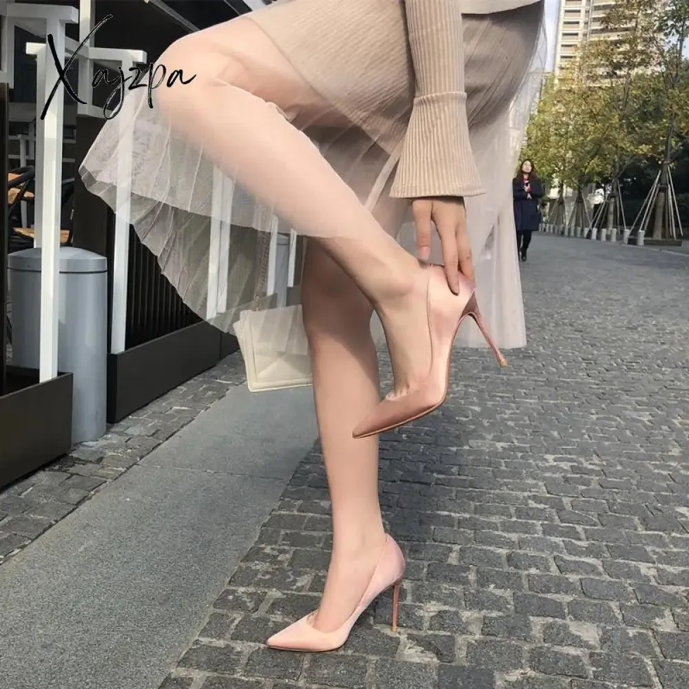 Xajzpa - Sexy High Heels Shoes Women's Autumn Silk Pointed Thin Heeled Satin Elegant Pumps Black Nude Fashion High-heeled  33 42