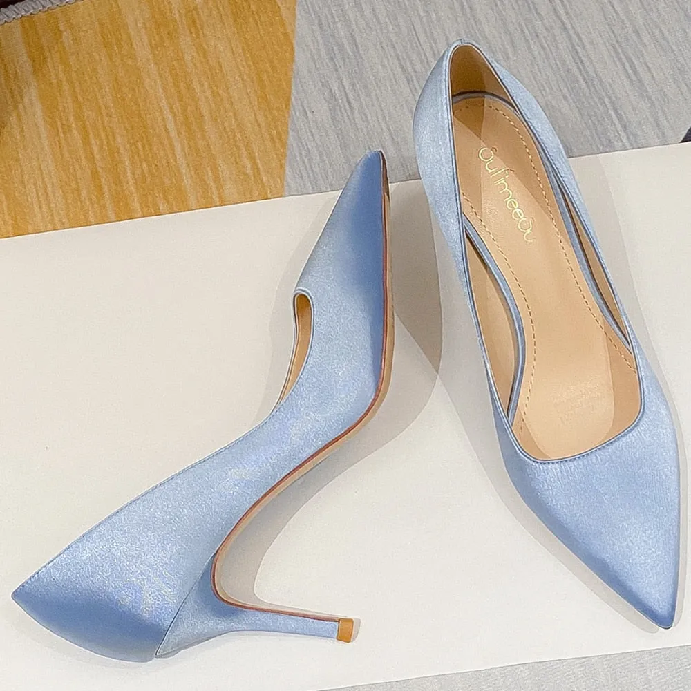 xiangtuibao Elegant New Office Women Pumps Sexy Thin High Heels Woman Dress Wedding Party Shoes Stiletto Red Green Ladies Silk Shoes O0007
