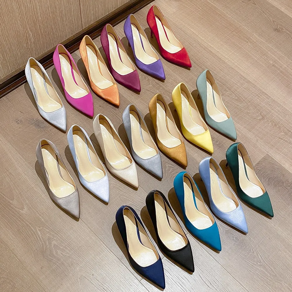 xiangtuibao Elegant New Office Women Pumps Sexy Thin High Heels Woman Dress Wedding Party Shoes Stiletto Red Green Ladies Silk Shoes O0007